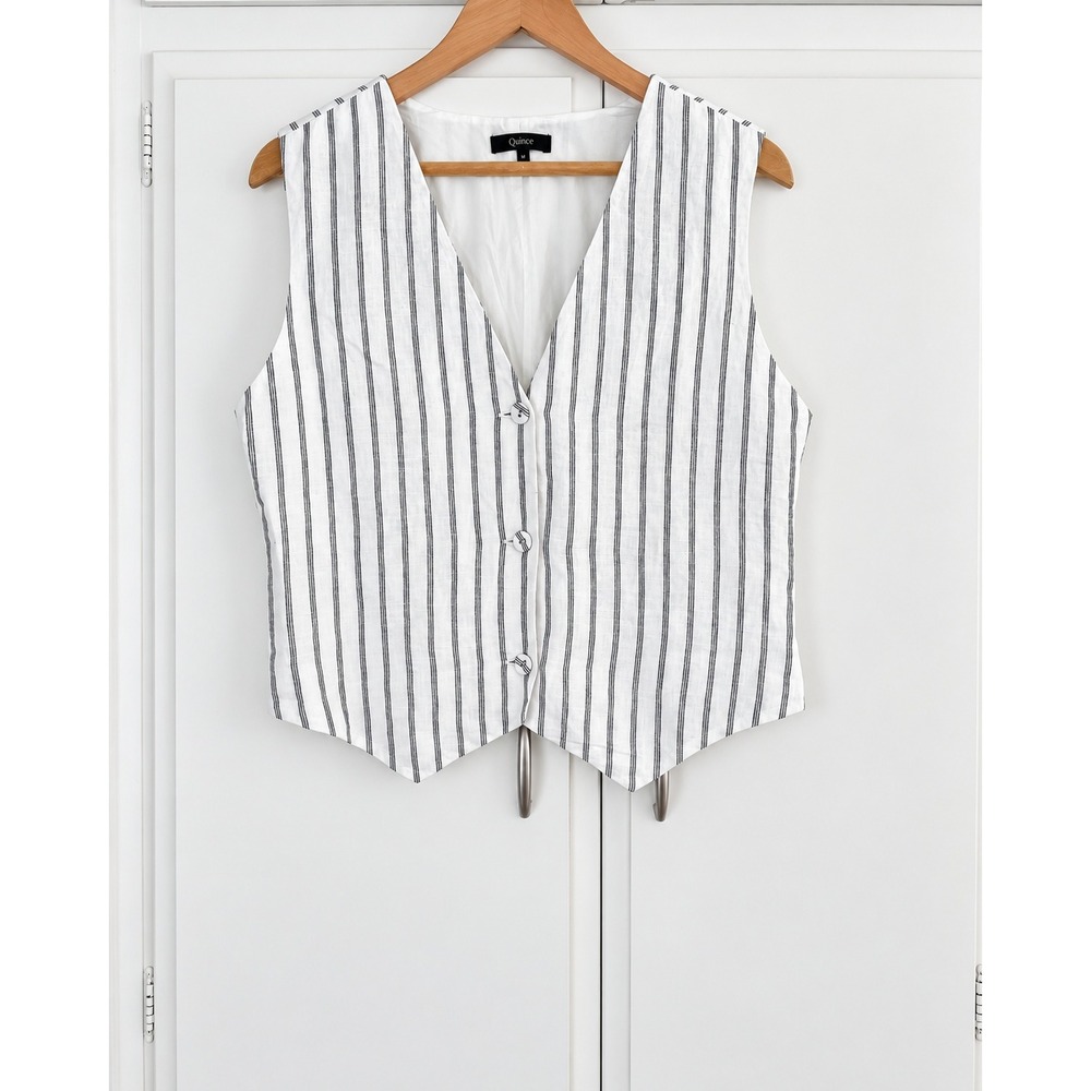 Quince 100% Linen Striped Vest Waistcoat White Black Pinstripe Size M